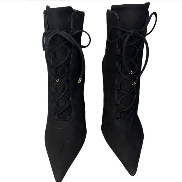 Good American Scandal Lace Up Stilleto Booties Faux Suede Black - Picture 6 of 9